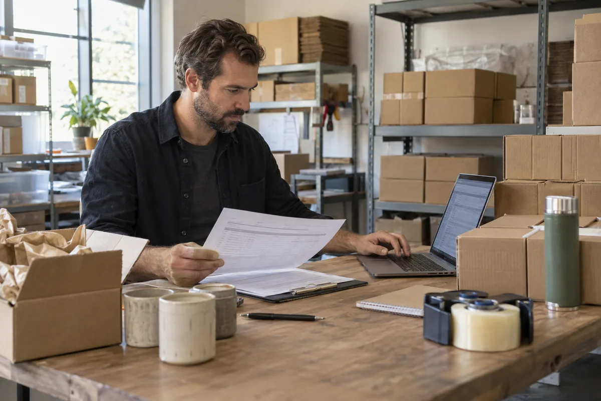 Ecommerce business owner reviewing inventory records beside packed orders in a stockroom